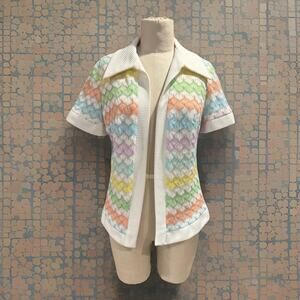Vintage 70s rainbow Chevron knit short sleeve top Collared Cardigan Open Front S
